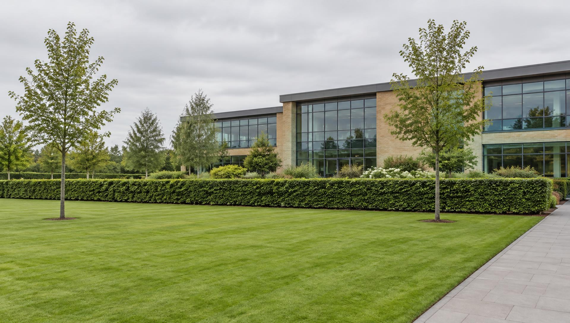 Modern office building behind a long clipped hedge, with a wide striped lawn, two young trees and a paved footpath