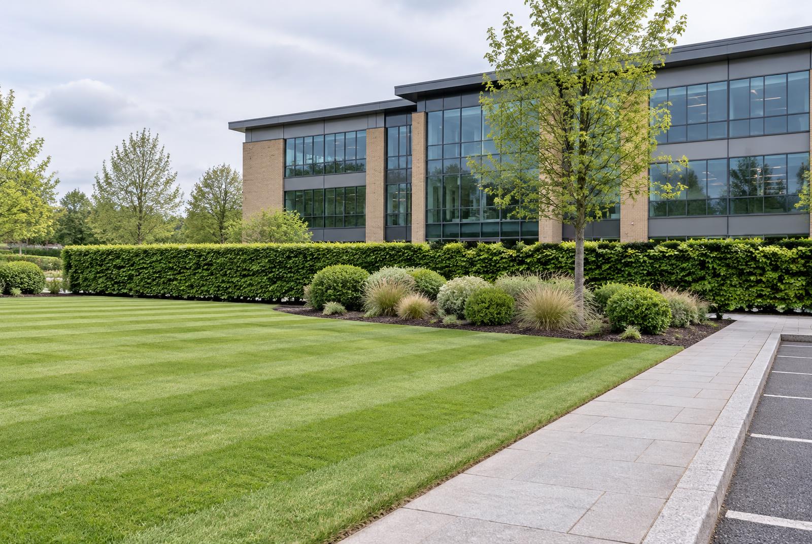 Bright office grounds with a striped lawn and crisp mown edge, a clipped hedge, a planted bed of shrubs and ornamental grasses, a young tree, a paved footpath and the kerbed edge of a car park