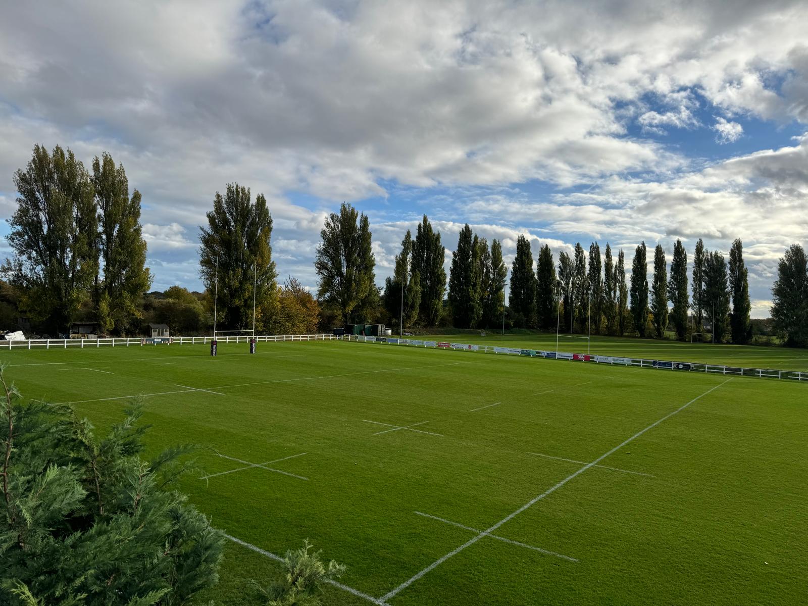 A striped, mown sports pitch with goalposts and perimeter fencing lined with club signage, backed by a row of tall trees