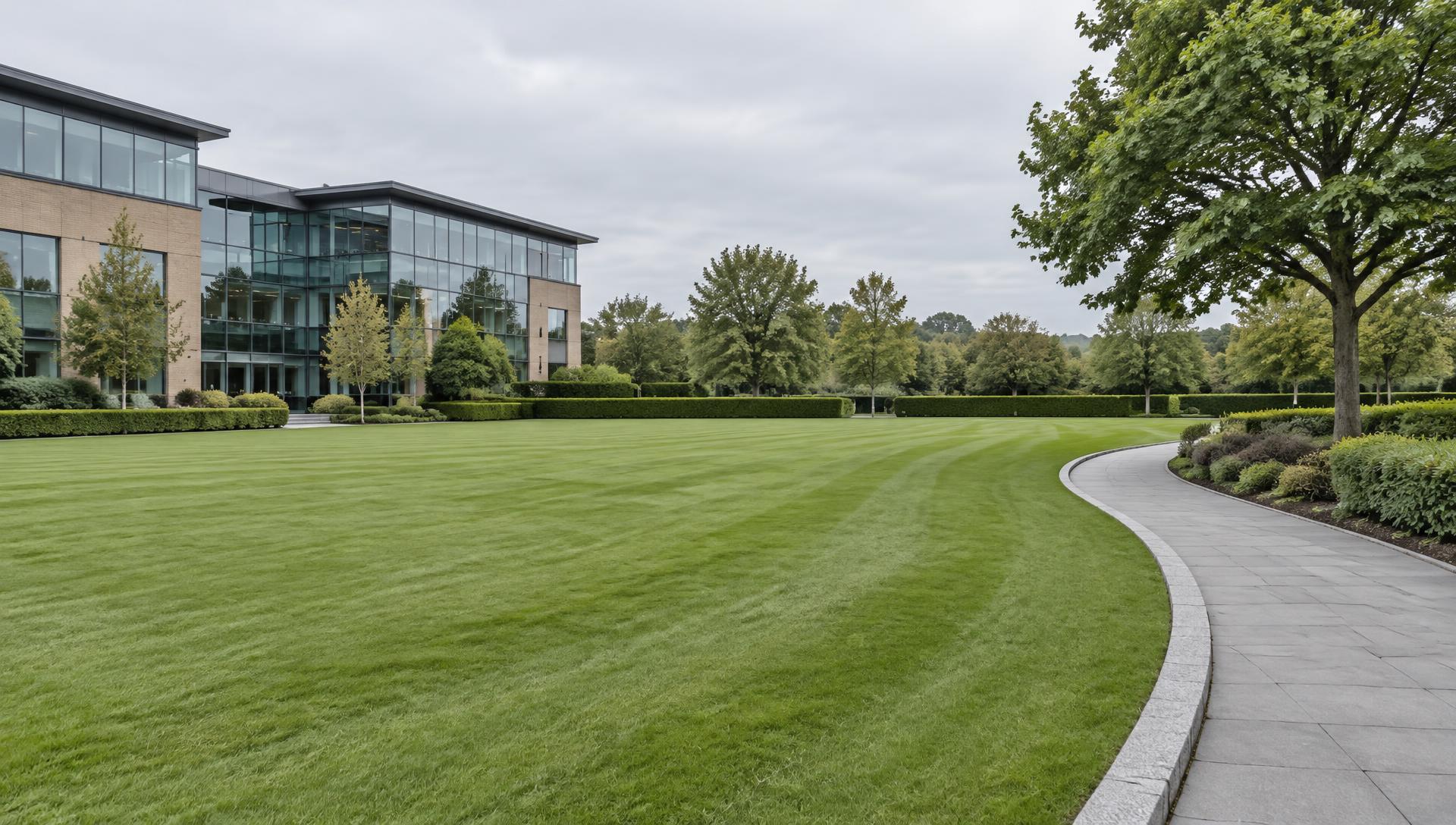 Office grounds with a striped lawn, clipped hedges, a planted bed, a mature tree and a paved footpath, with a modern office building in the background