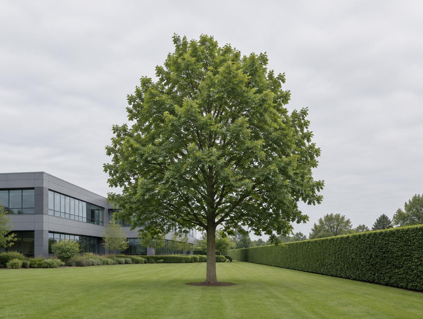 A single mature tree on a mown lawn between a modern office building and a tall clipped hedge under a grey sky