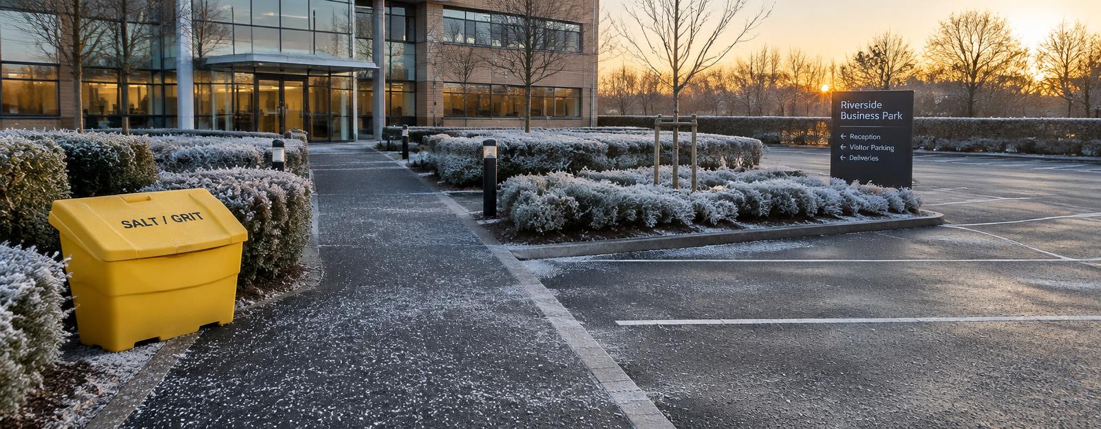 A frost-dusted footpath and empty car park at sunrise beside a yellow grit bin, with an office entrance and bare trees behind